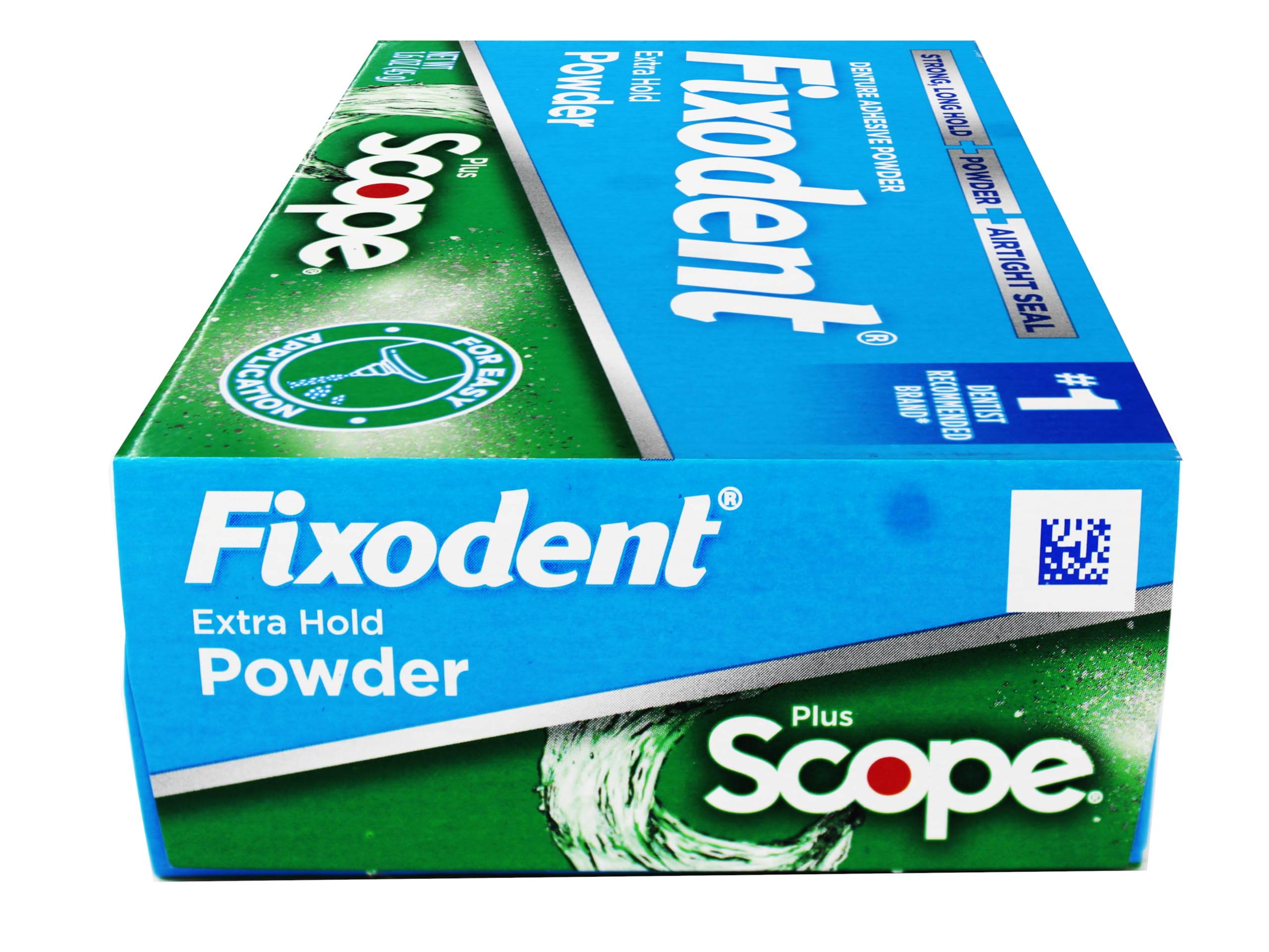 Label highlighting minty Scope flavor on Fixodent powder