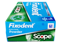 Label highlighting minty Scope flavor on Fixodent powder