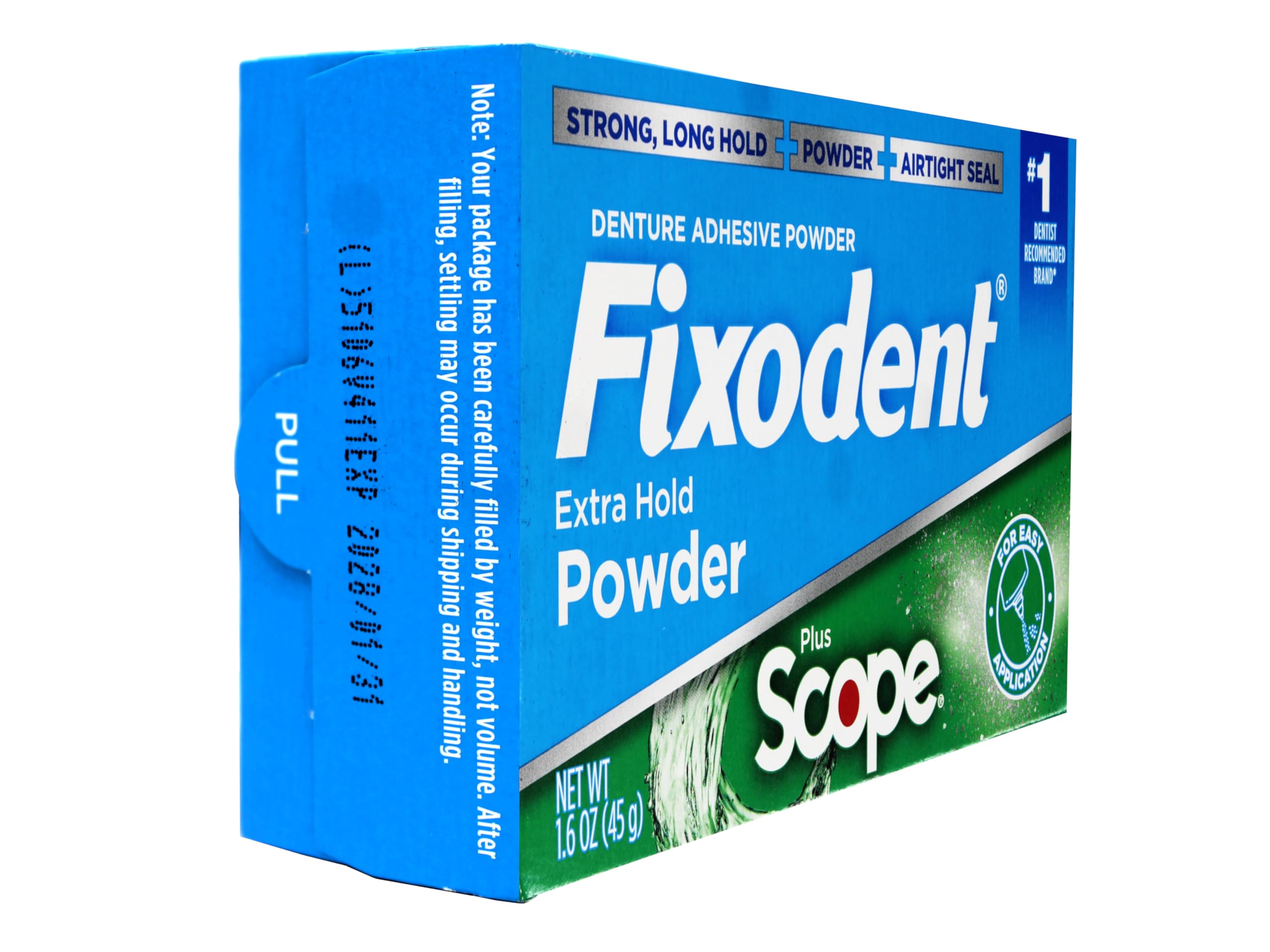 Fixodent Scope packaging and 1.6 oz powder container
