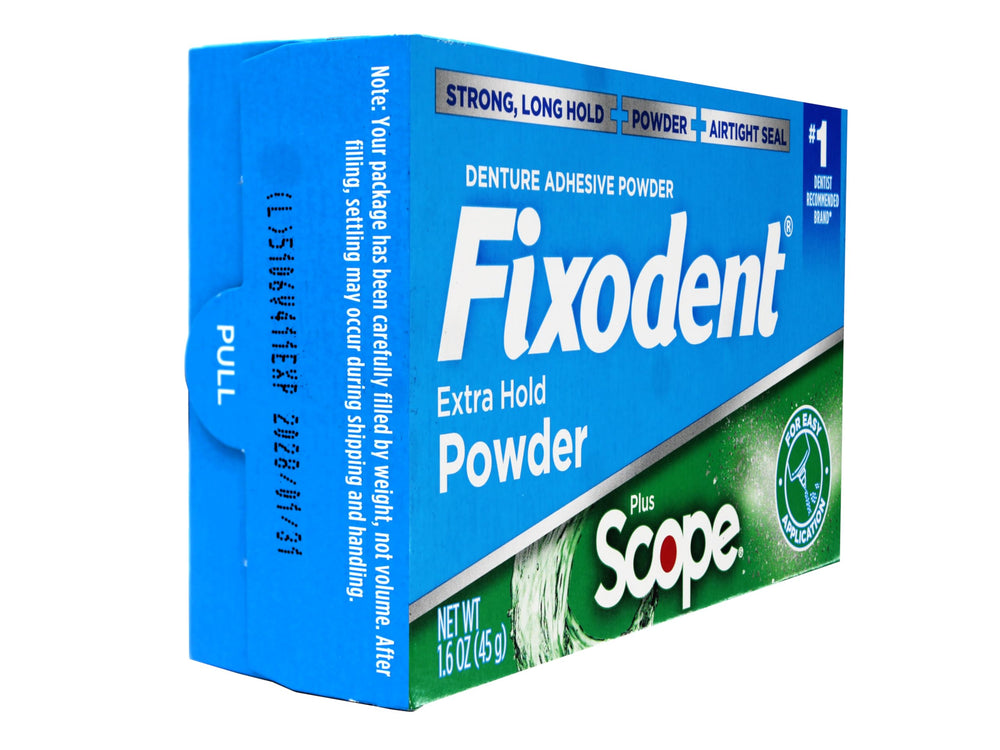 Fixodent Scope packaging and 1.6 oz powder container