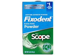 Close-up of powder being dispensed from Fixodent Scope container