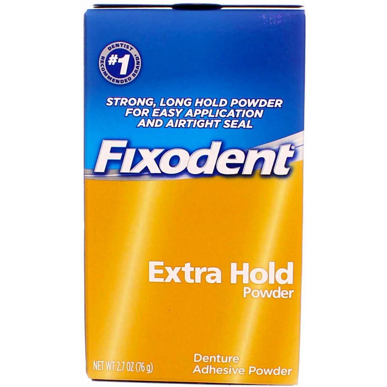 Fixodent Extra Hold denture adhesive powder packaging front