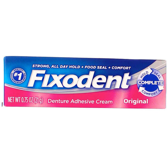 Close-up of Fixodent Original 0.75 oz tube with 8-pack packaging