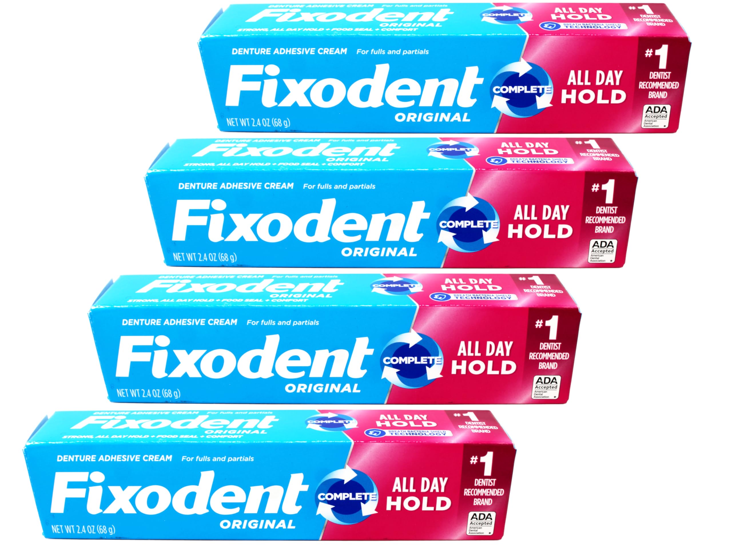 Front view of Fixodent Original Denture Adhesive Cream 2.4 oz 4-pack