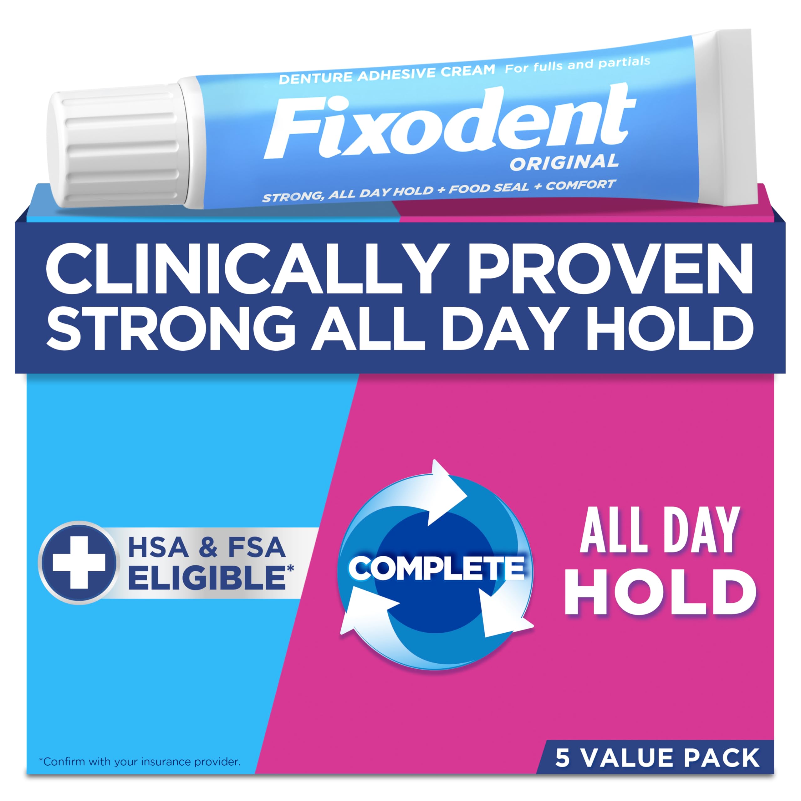 Fixodent Original pack of five 68g tubes front view