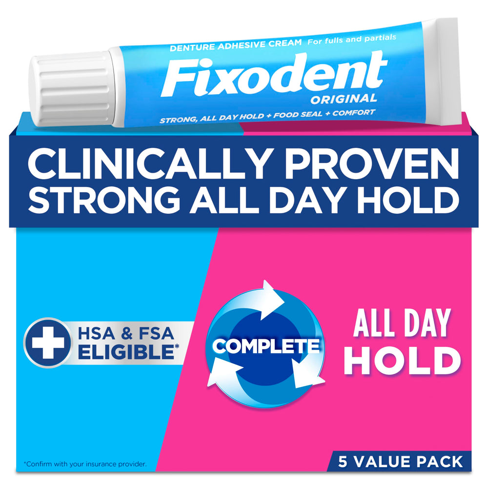 Fixodent Original pack of five 68g tubes front view