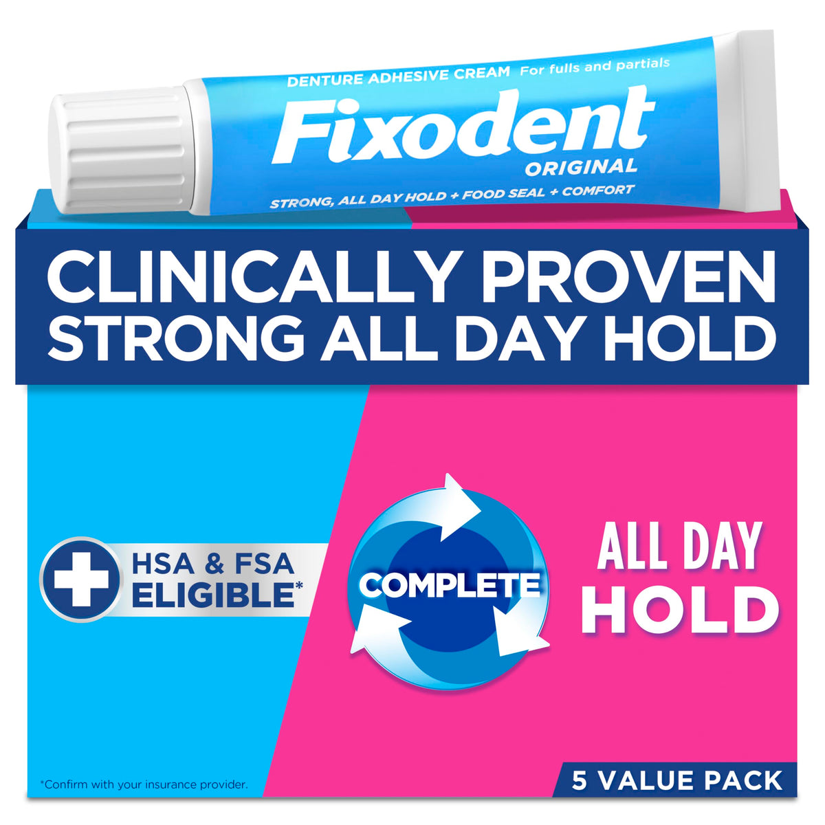 Fixodent Original pack of five 68g tubes front view