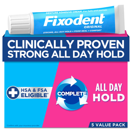 Fixodent Original pack of five 68g tubes front view