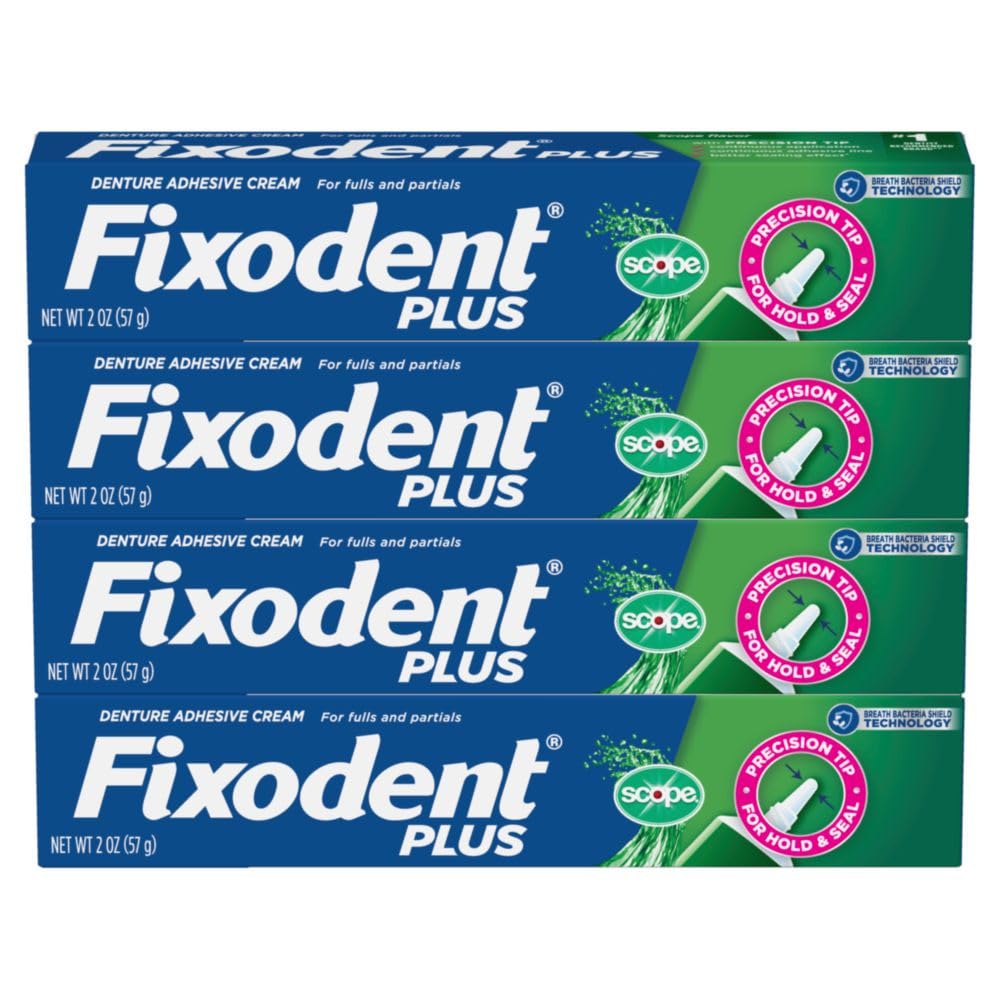 Four 2.0 oz Fixodent Plus Scope denture adhesive tubes