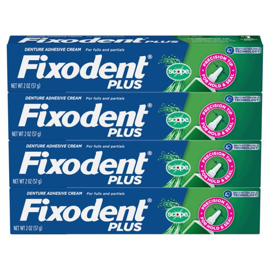 Four 2.0 oz Fixodent Plus Scope denture adhesive tubes
