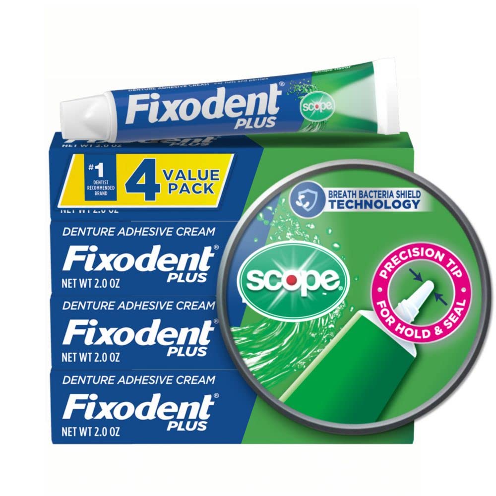 Outer box showing Fixodent Plus Scope Secure Denture Adhesive 4-pack