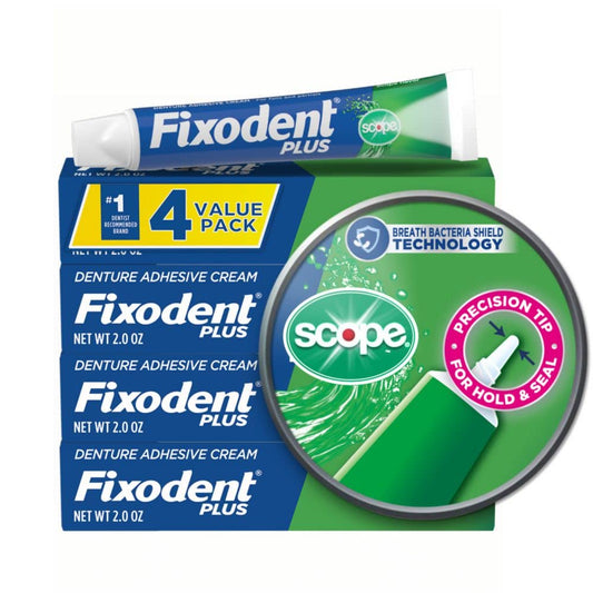 Outer box showing Fixodent Plus Scope Secure Denture Adhesive 4-pack