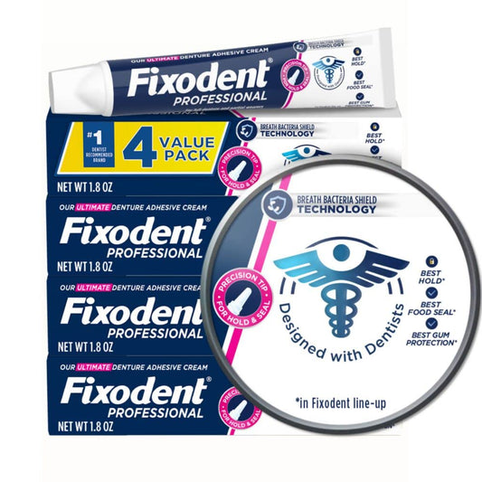 Box and tube of Fixodent Professional Ultimate Denture Adhesive Cream 1.8 oz 4-pack
