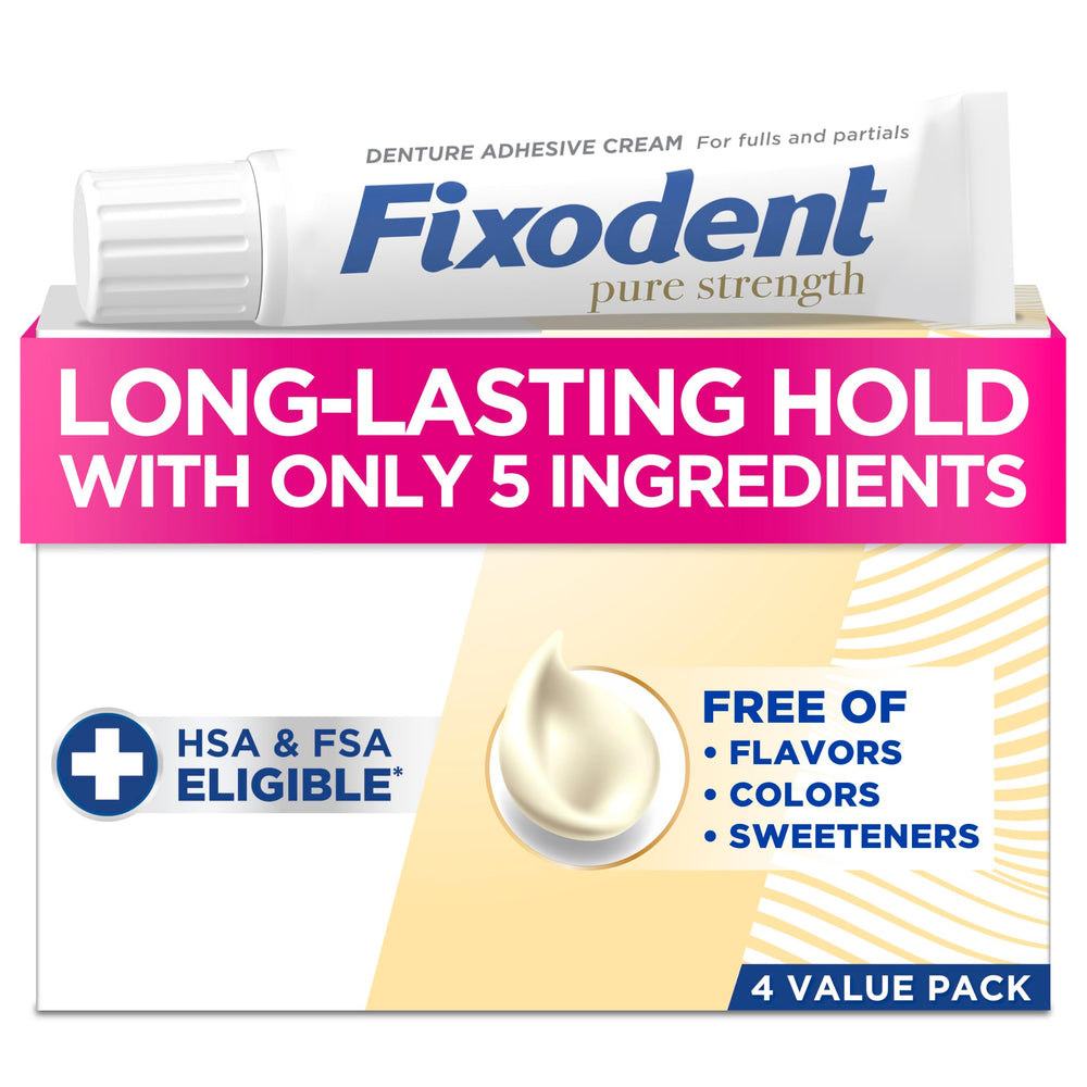 Four Fixodent Pure Strength 2.4oz denture adhesive tubes in a 4-pack