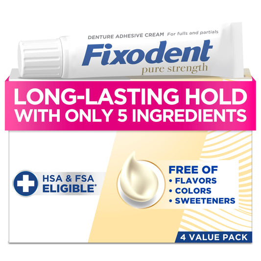 Four Fixodent Pure Strength 2.4oz denture adhesive tubes in a 4-pack