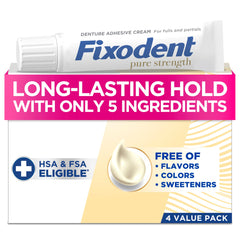 Four Fixodent Pure Strength 2.4oz denture adhesive tubes in a 4-pack