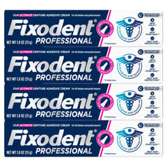Smiling person with secure dentures using Fixodent adhesive
