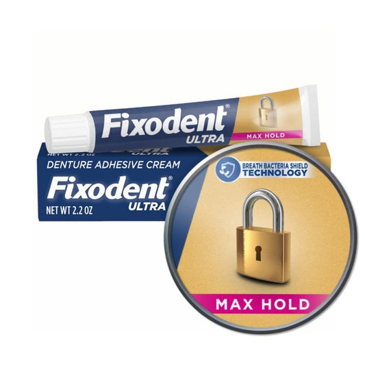 Seven-pack Fixodent Ultra Max Hold packaging close-up