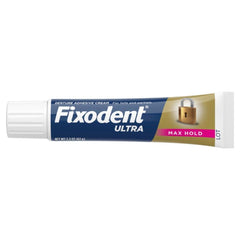 Fixodent Ultra Max Hold 7-pack alongside adhesive tube