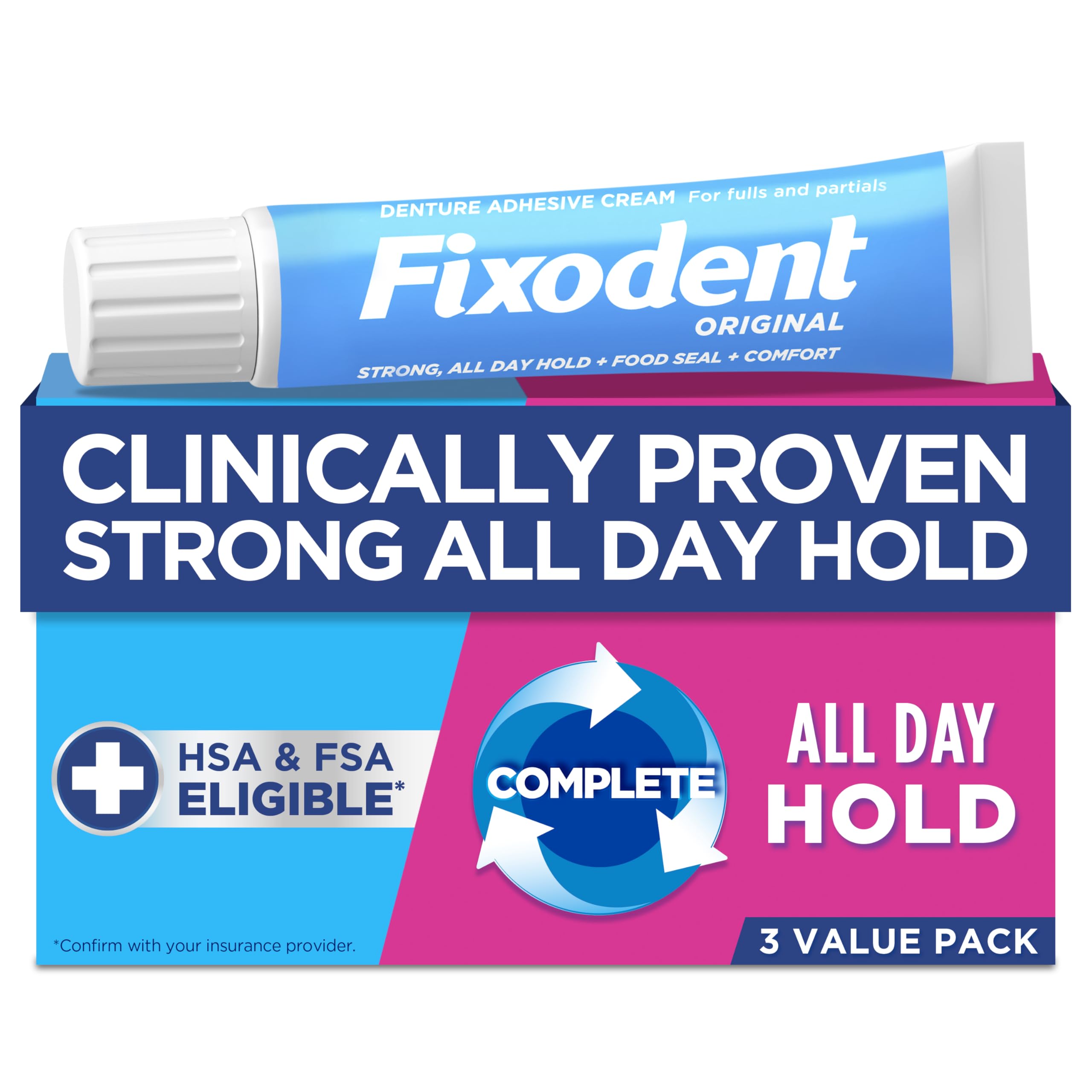Fixodent Complete Original Denture Adhesive Cream 2.4 oz tube in 3-pack