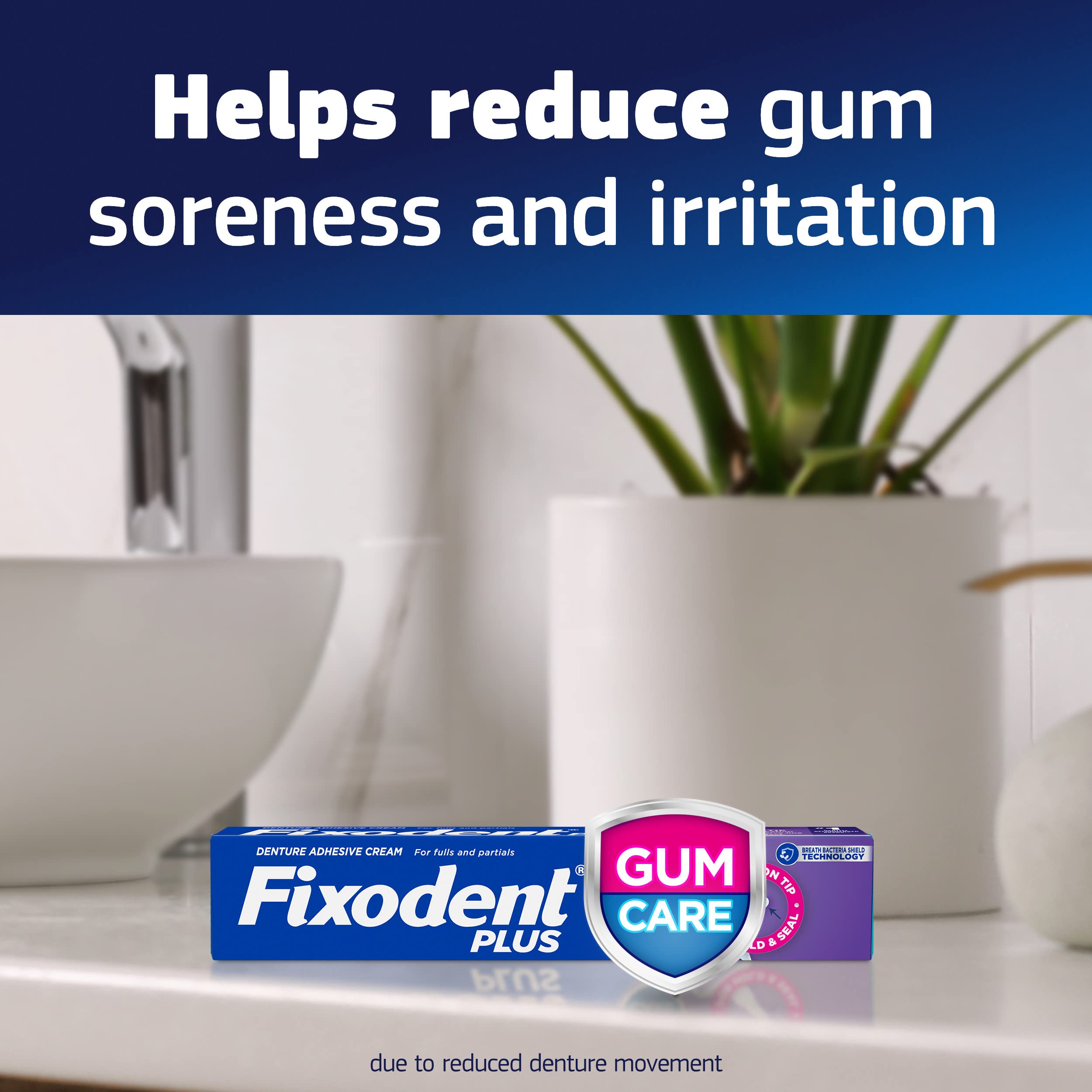 Back view packaging showing Fixodent Plus Gum Care 2 oz adhesive