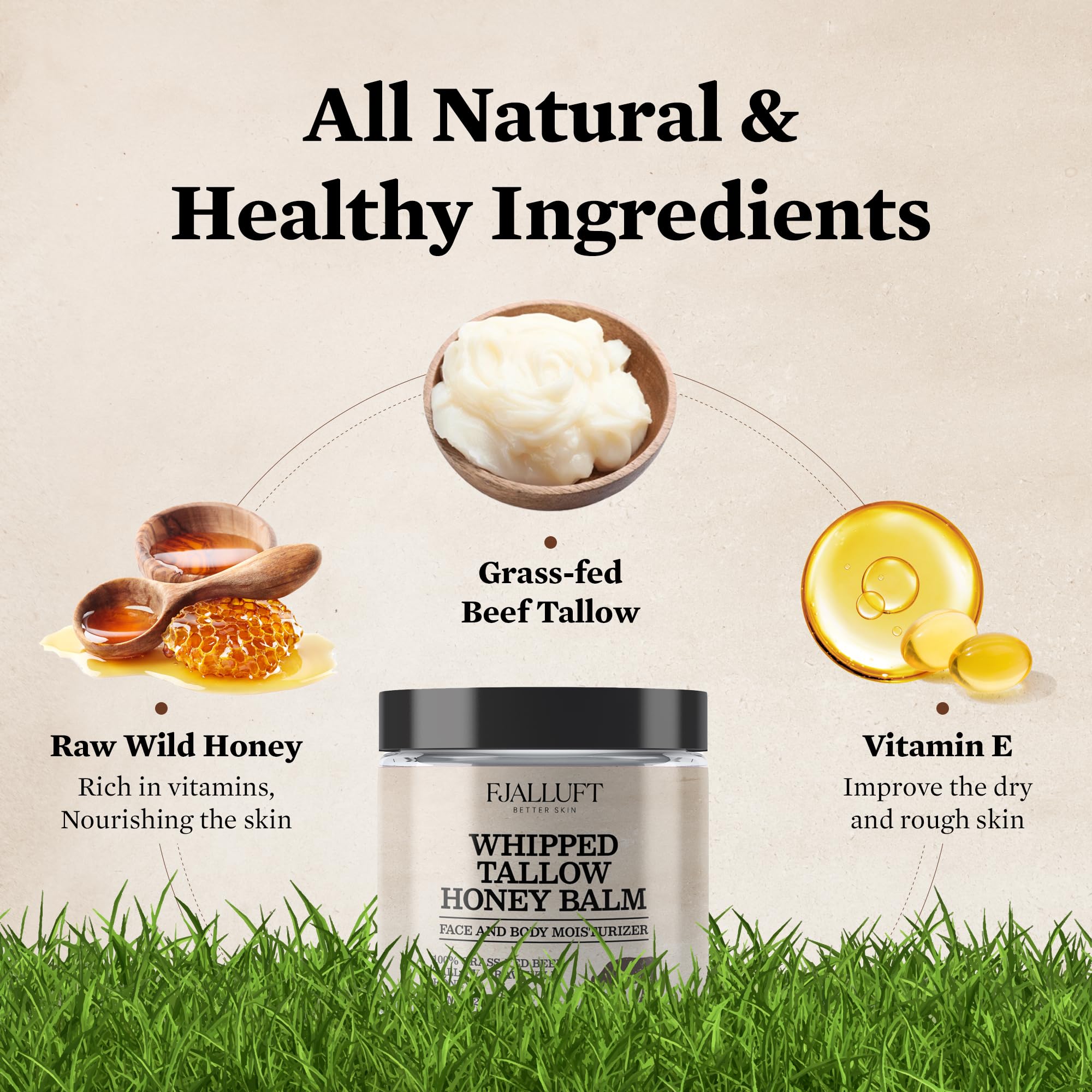 FJALLUFT beef tallow and honey balm in a scoop demonstrates nourishing, skin-softening properties.
