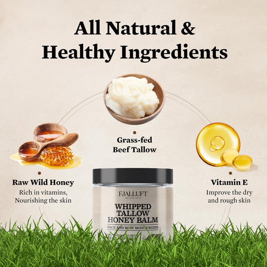 FJALLUFT beef tallow and honey balm in a scoop demonstrates nourishing, skin-softening properties.