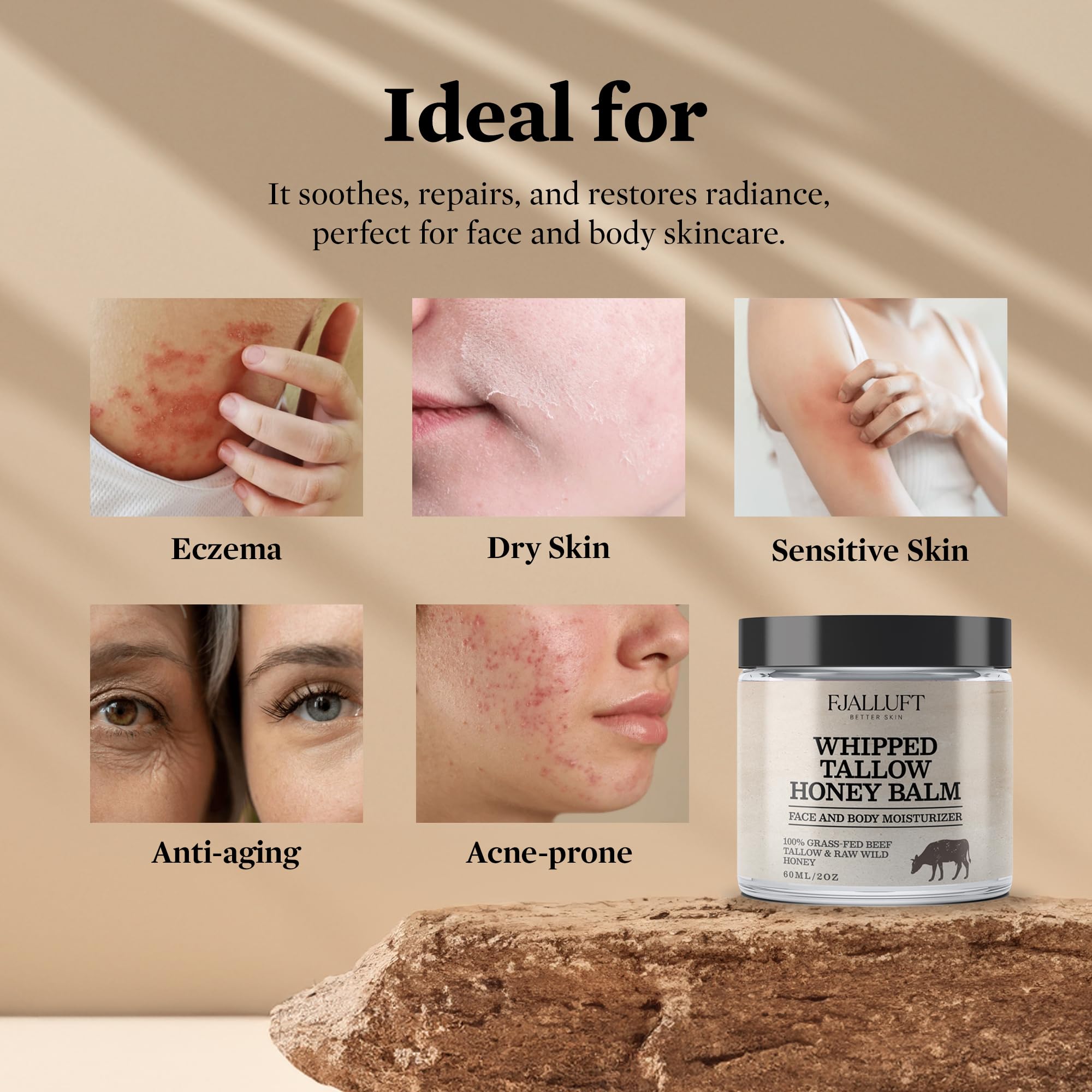 FJALLUFT honey and olive oil blend image suggests soothing benefits for mature skin.