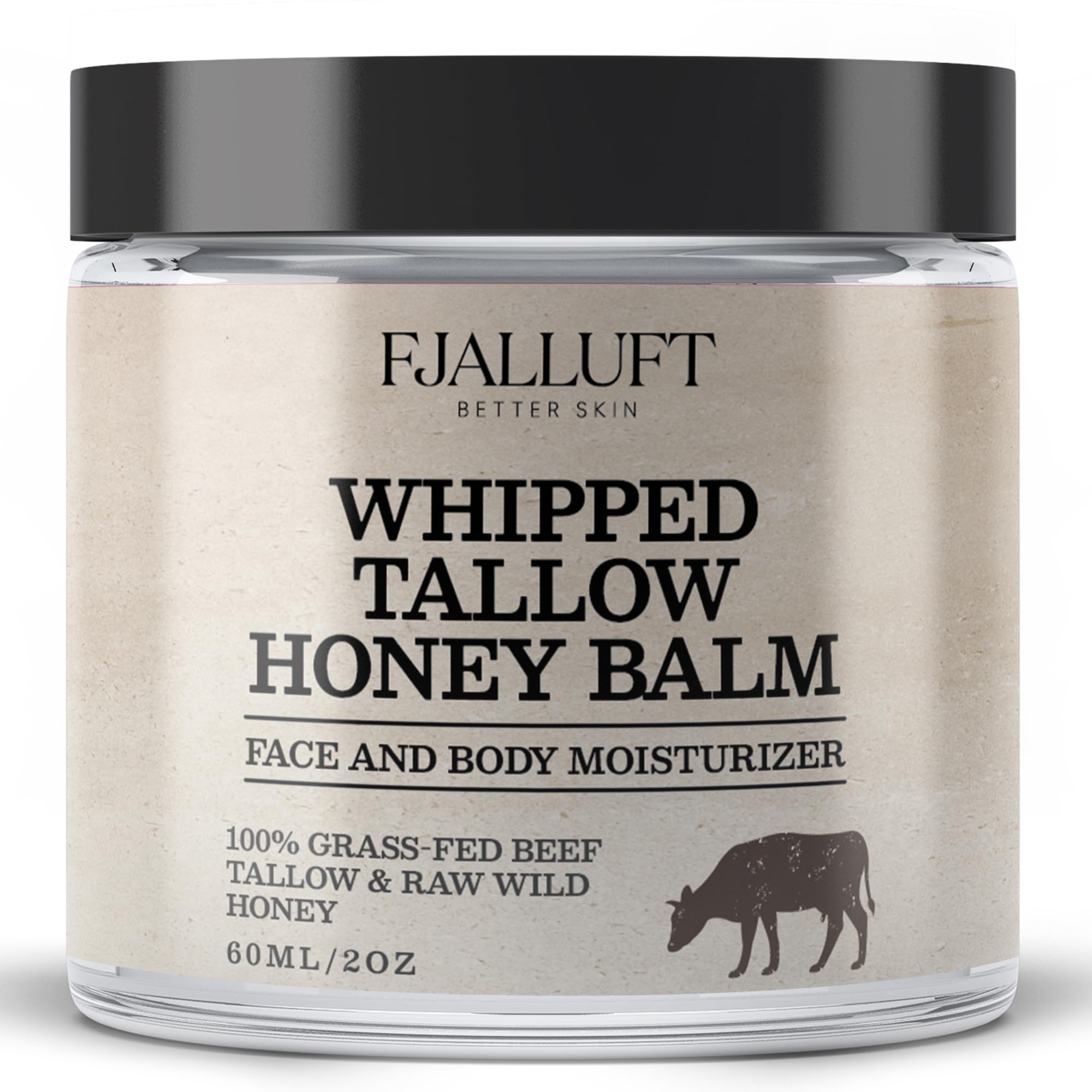 FJALLUFT Tallow Face Moisturizer jar closeup highlights whipped texture for deep hydration.