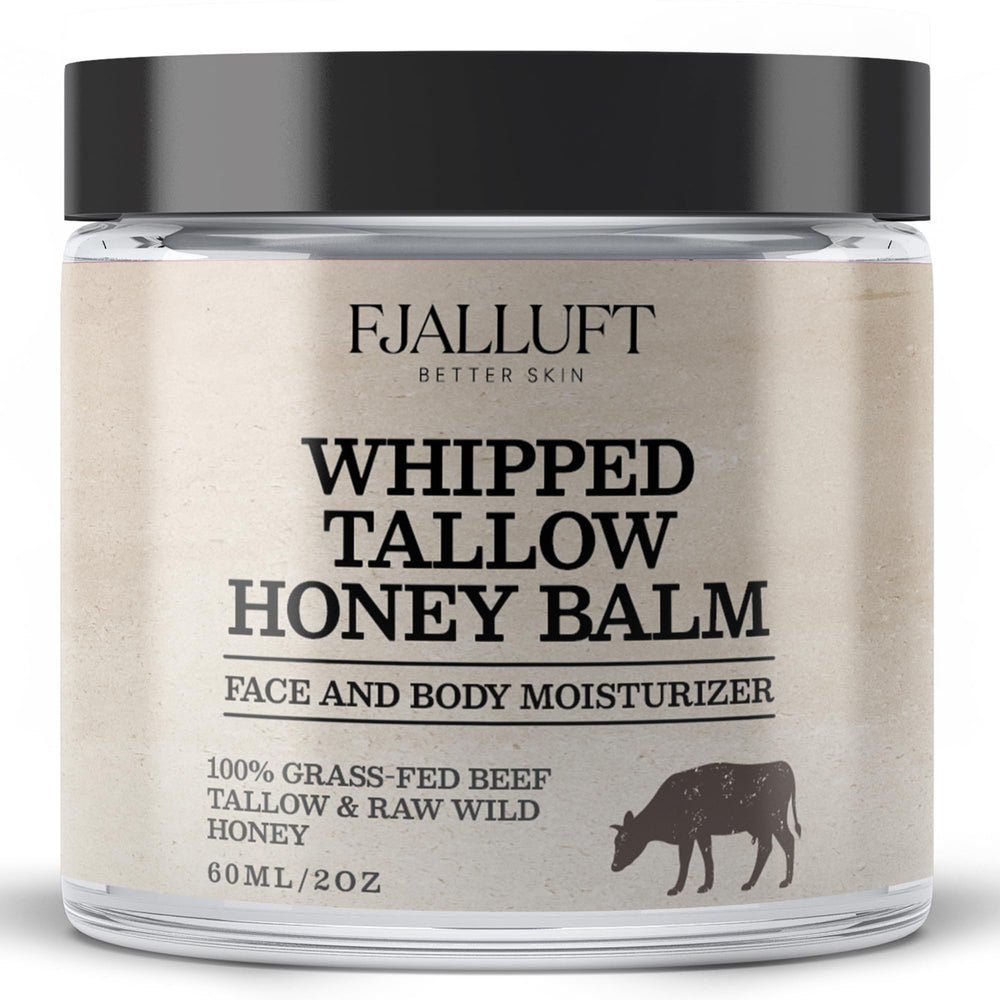 FJALLUFT Tallow Face Moisturizer jar closeup highlights whipped texture for deep hydration.