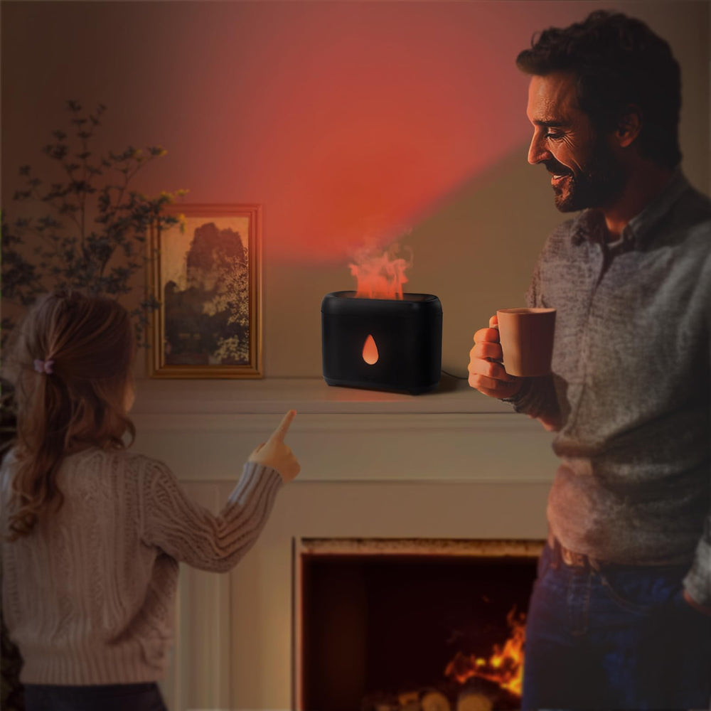 Close-up of flame diffuser showing mist and light effects in a modern bedroom