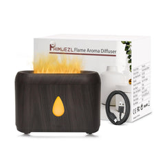 Flame diffuser in dark wood grain finish with flame-like light