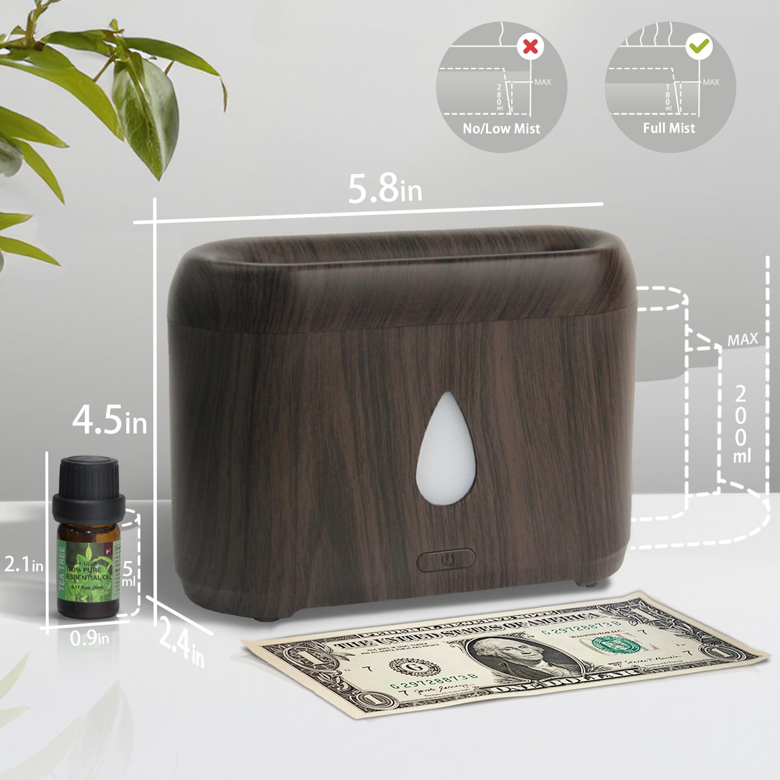 Dark wood grain flame diffuser emitting gentle light