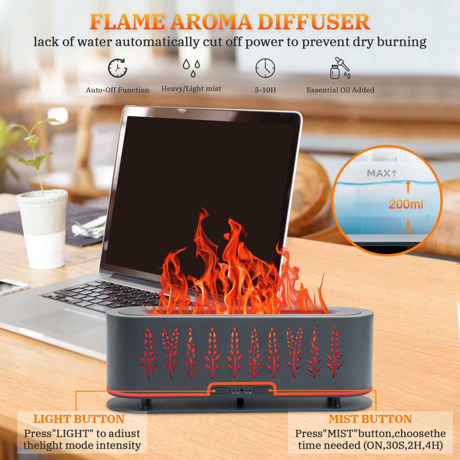Diffuser displaying four timer modes and two flame colors