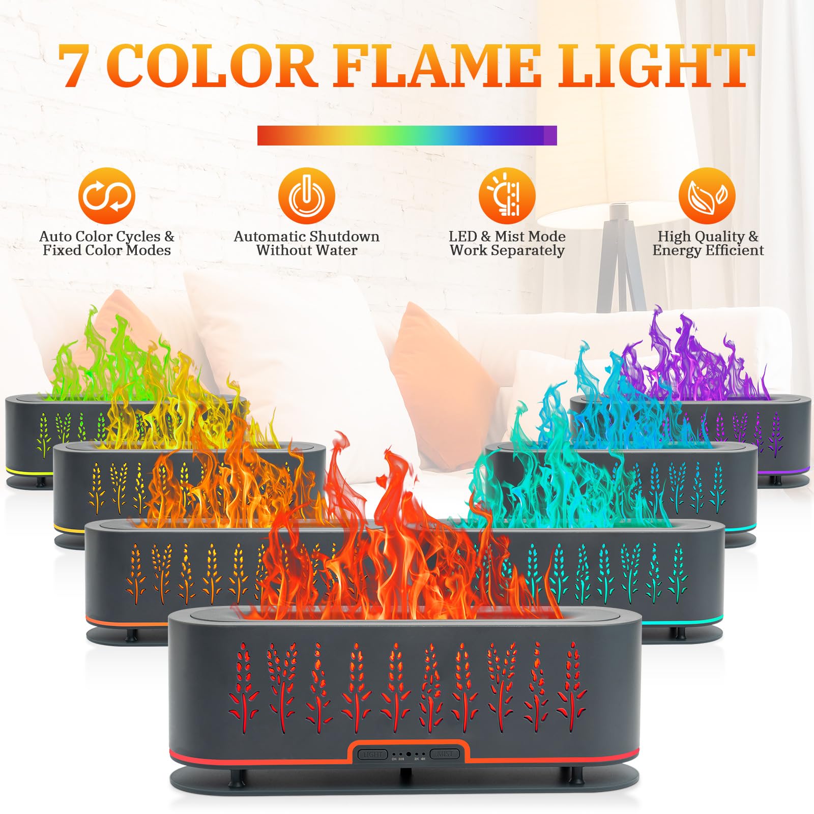 Close-up of warm flame light and mist from the diffuser