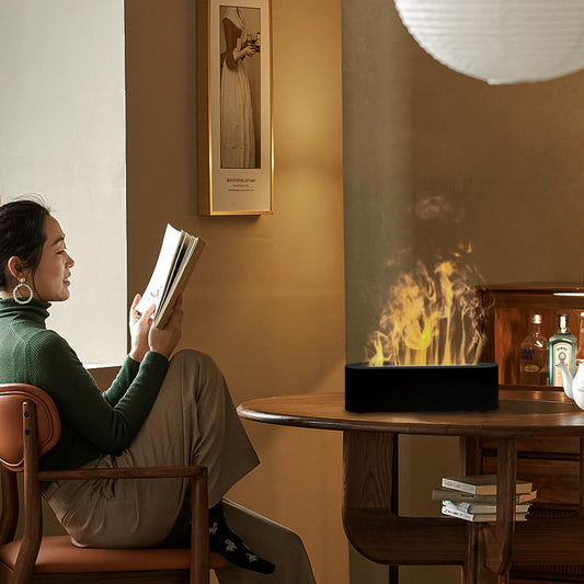 Flame diffuser showing colorful LED ambient lighting