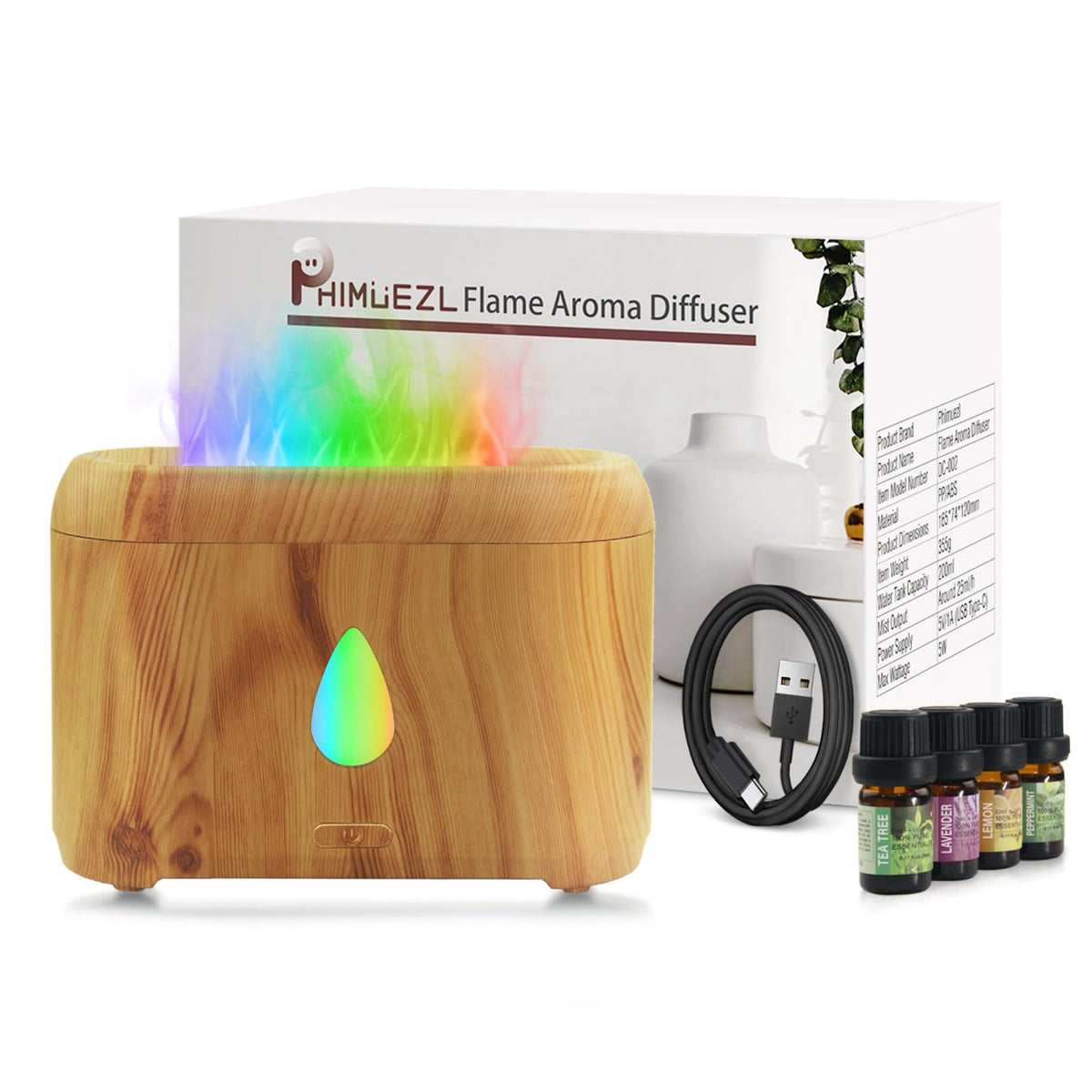 Flame diffuser with wooden grain finish and color LED lights