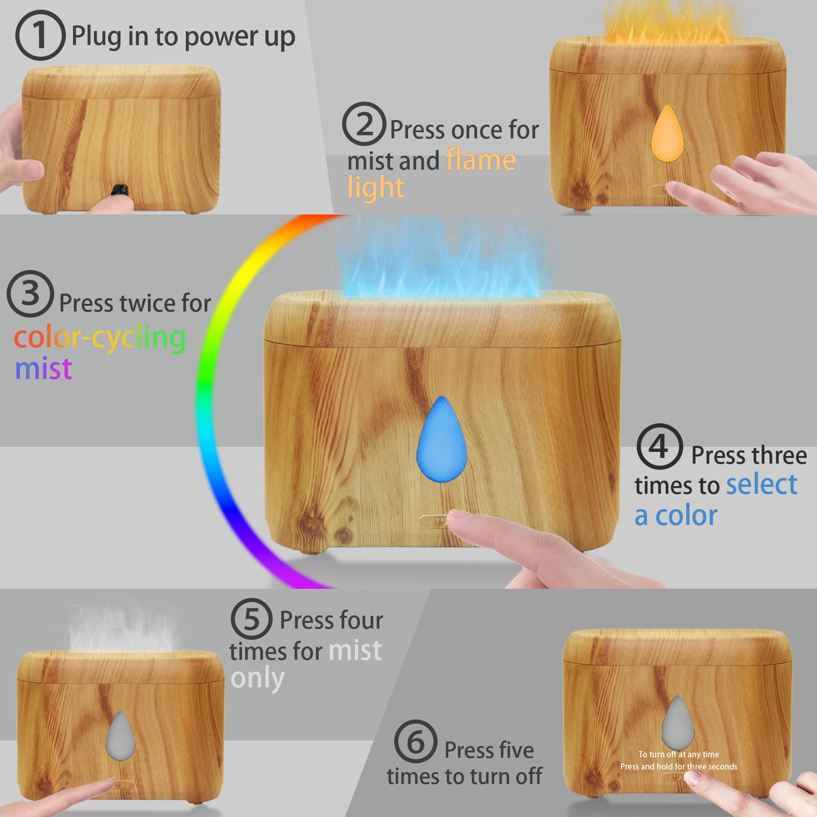 Close-up of wood grain texture with flame-style LED lighting