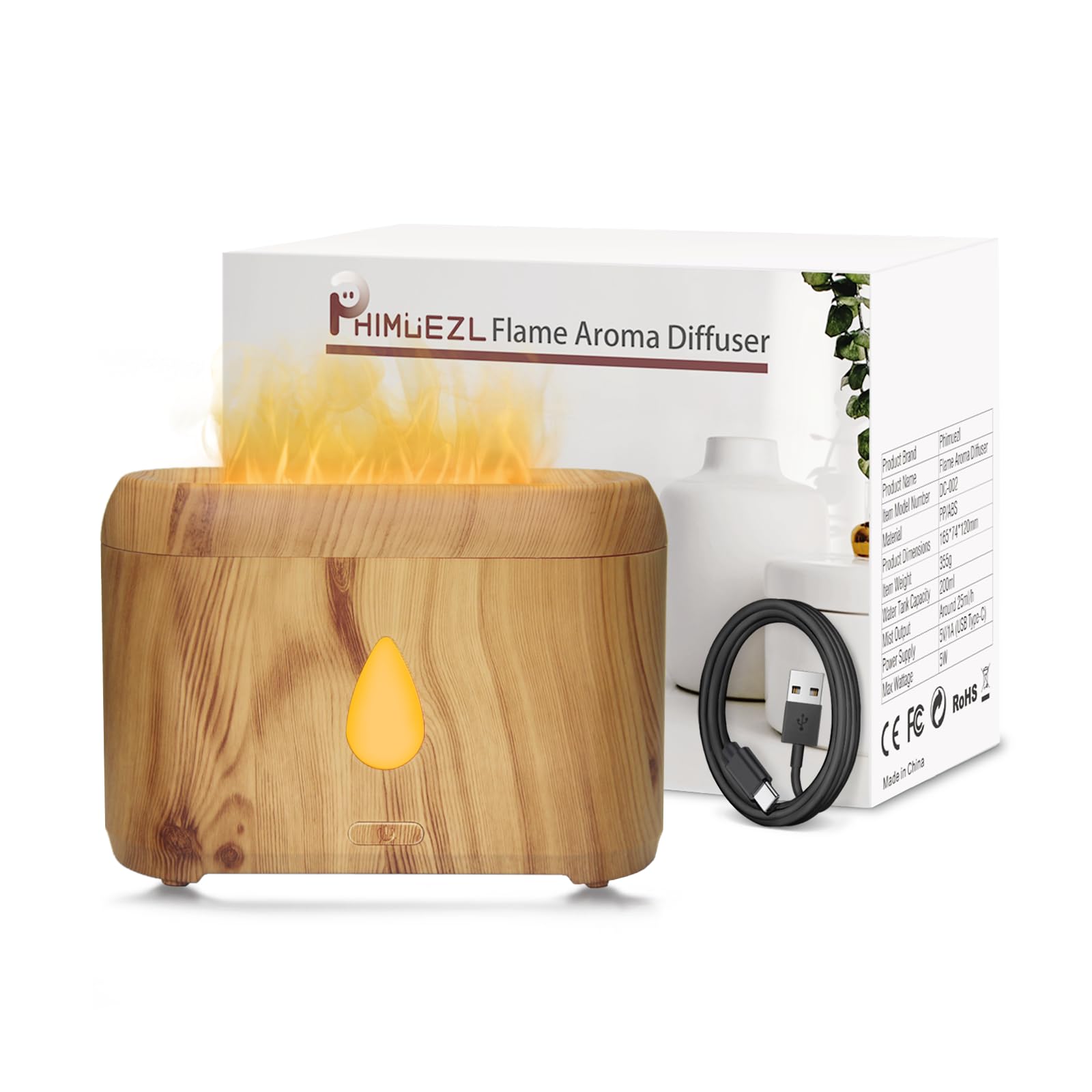 Flame diffuser with wooden grain finish and warm LED flame