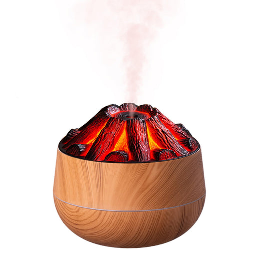 Flame essential diffuser in wood grain finish with bonfire design