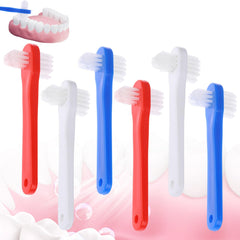 Six-pack FLATRI denture brushes with dual-headed design and color-coded handles