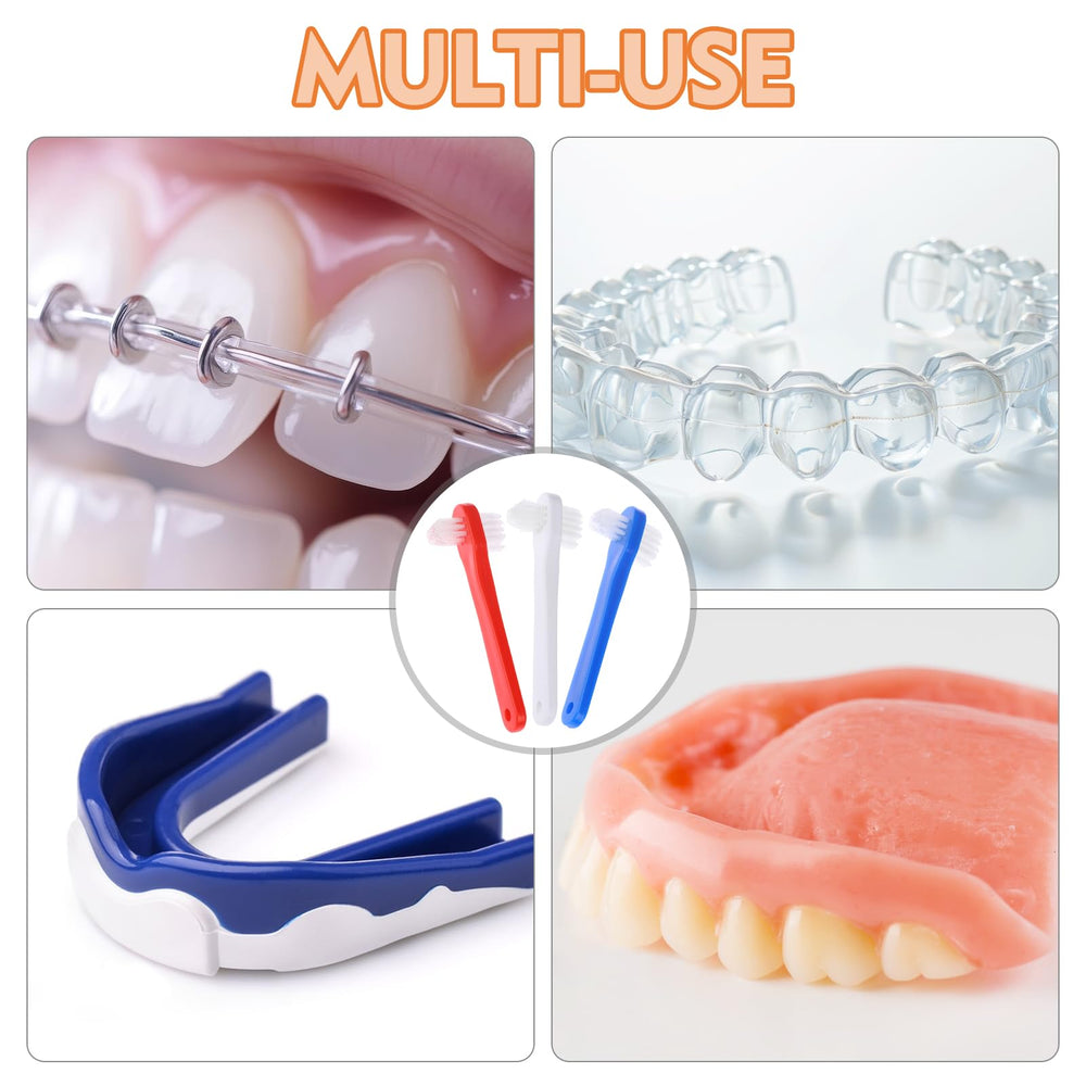 Denture brushes being used to clean mouth guards and retainers