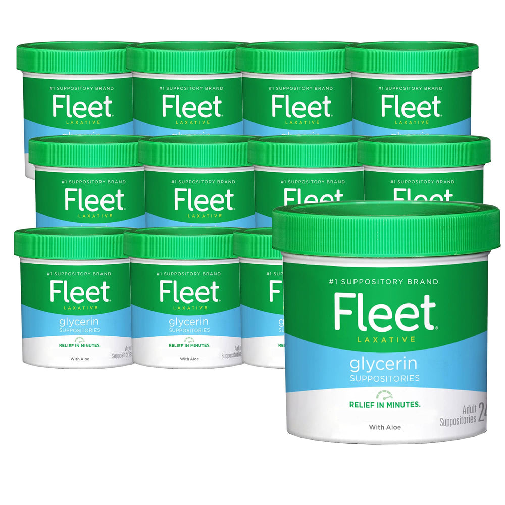 Fleet Laxatives glycerin suppositories jar front for 24-count per jar, constipation relief.