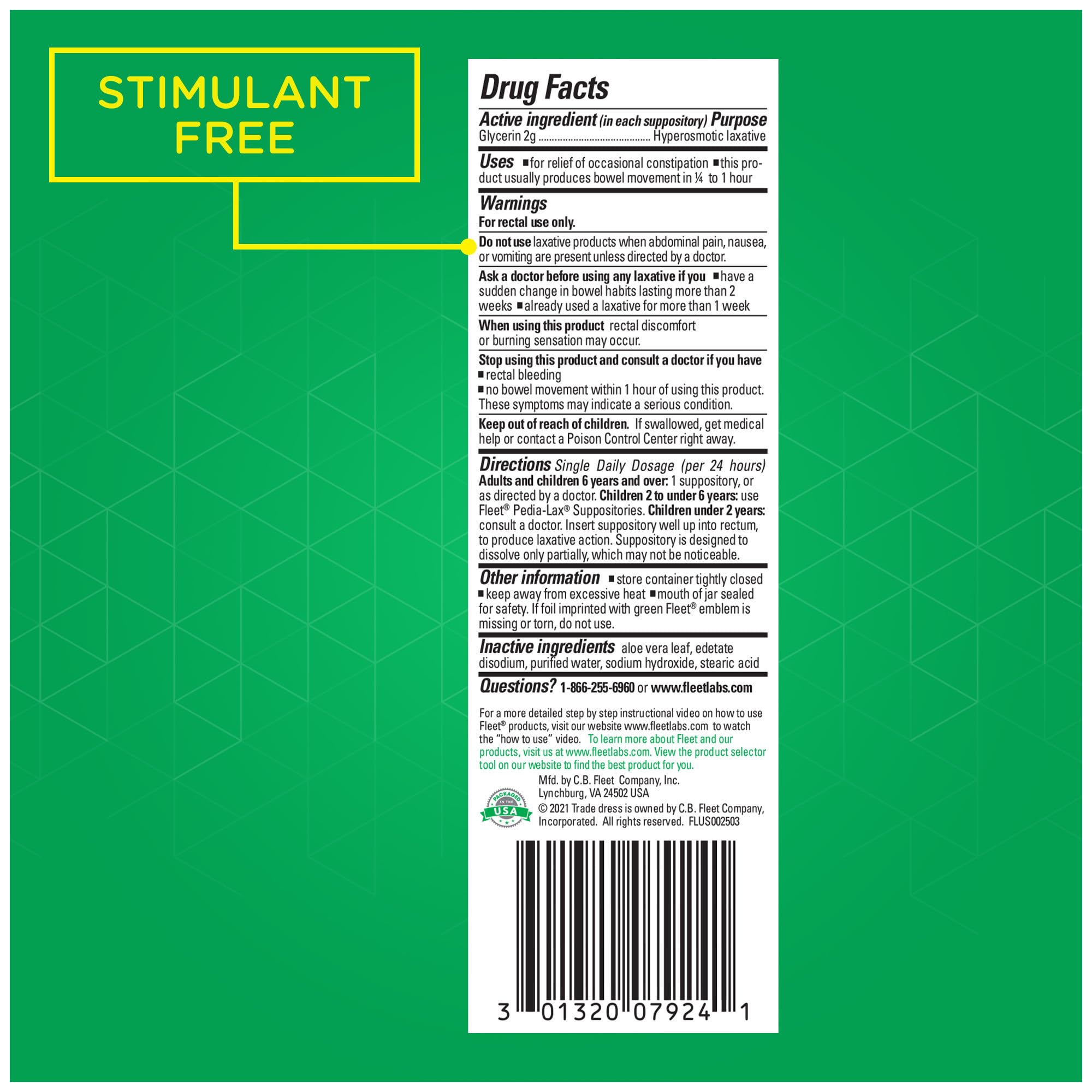 Fleet Laxatives quick relief potential with 15-minute to one-hour effect.