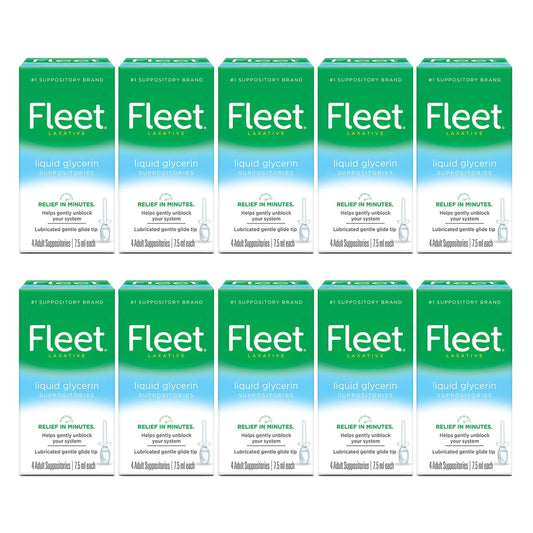 Fleet Liquid Glycerin Suppositories box shows compact packaging for easy home storage.