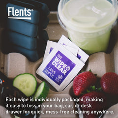 Glasses being cleaned to a streak-free shine with Flents Lens Wipes