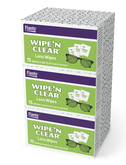 Flents Wipe N Clear lens wipes 225ct, three boxes of 75, individually wrapped