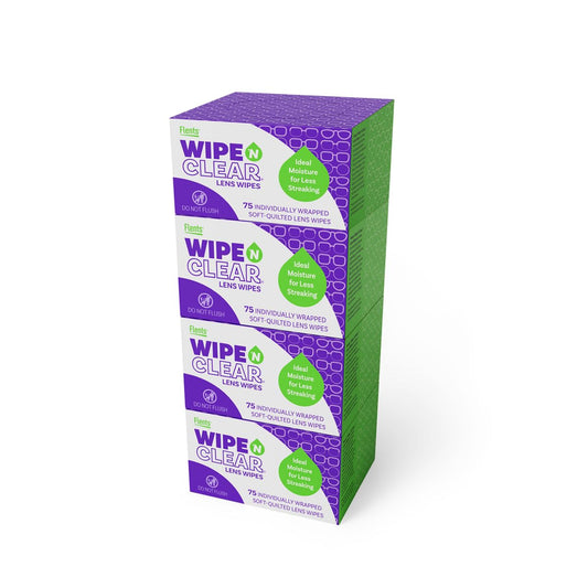 Four portable boxes of Flents Wipe 'N Clear lens wipes, 300 total wipes