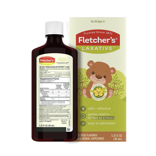 Fletcher's Laxative Root Beer bottle front emphasizes gentle relief options.