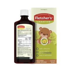 Fletcher's Laxative Root Beer bottle front emphasizes gentle relief options.